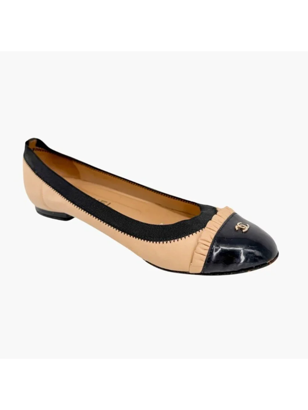 Chanel CC Cap Toe Ballet Flats Beige Black Leather Ruffle Size 39.5 US 8.5-9